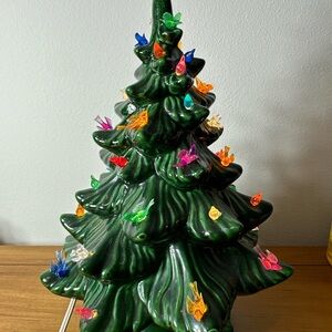 Green Ceramic Christmas Tree with Multicolored Lights and Birds.